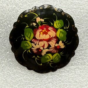 VTG Russian Lacquer Brooch Hand Painted Floral Rose Black Wood Signed Folk Art